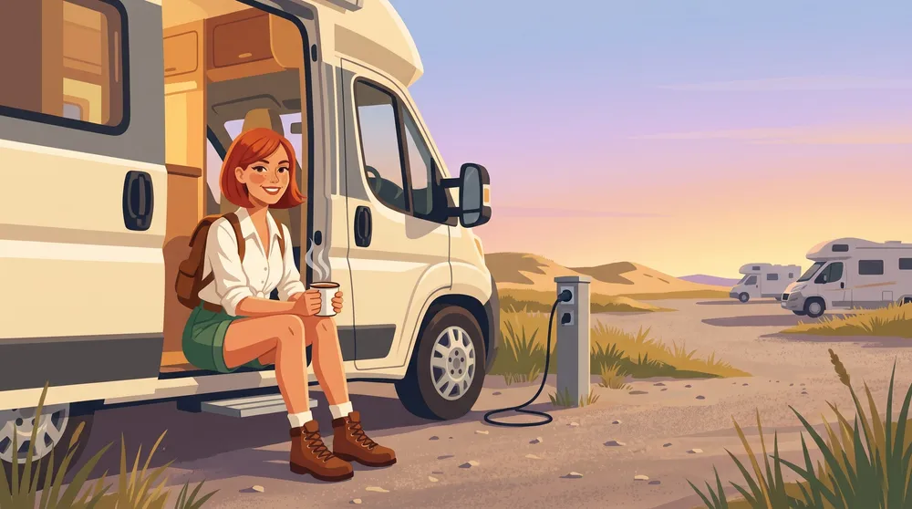 Illustration: a young woman sits on the step of a camper van with a mug at dusk; a power post stands beside the van on a gravel lot.